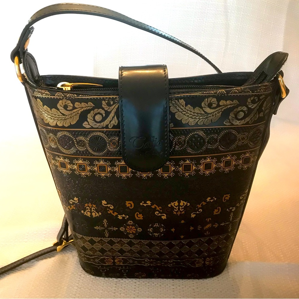 Calja Italian Artistic Leather Crossbody Handbag with Elegant Embossed Pattern
